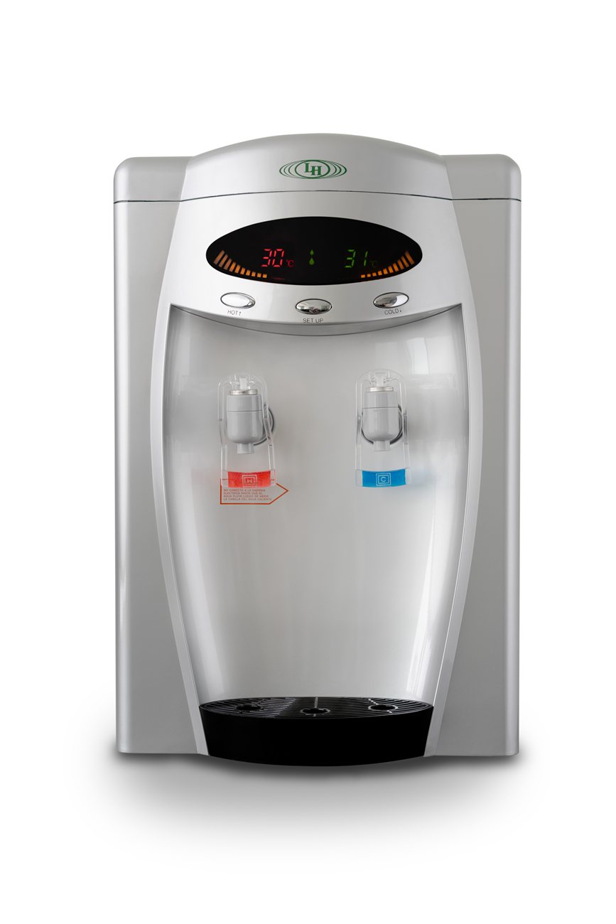 Dispenser digital 108 de sobremesada, con visor LED marcando 30 y 31 grados y bandeja de goteo negra.