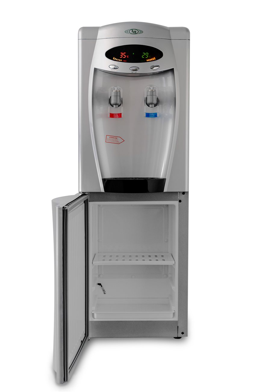 Dispenser digital 208 con visor LED encendido marcando 35 y 29 grados, y frigobar abierto abajo.