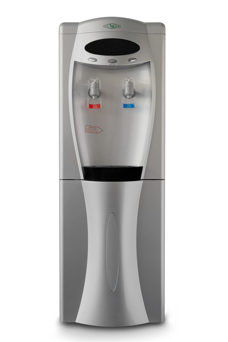 Dispenser digital 208 de pie, gabinete gris plata, con visor LED y botones para regular la temperatura.