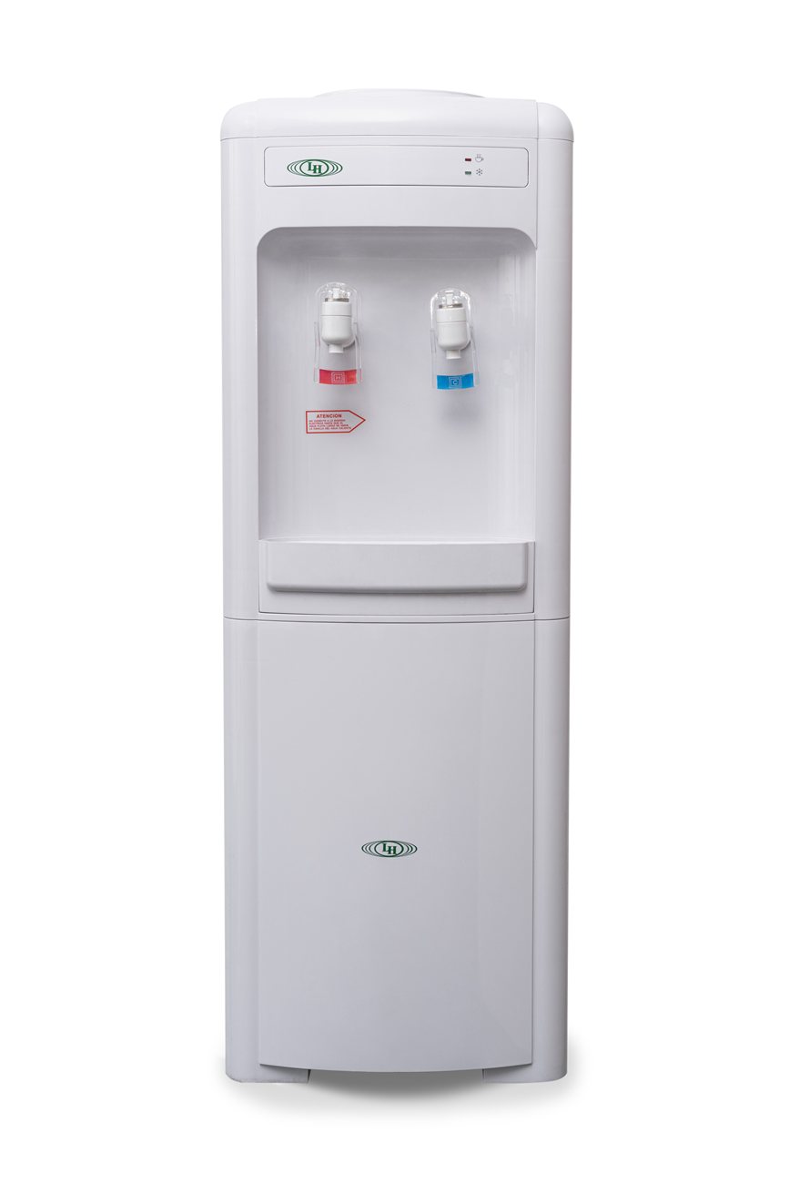 Dispenser de pie modelo V-53, gabinete blanco, con canilla de agua caliente y otra de agua fría.